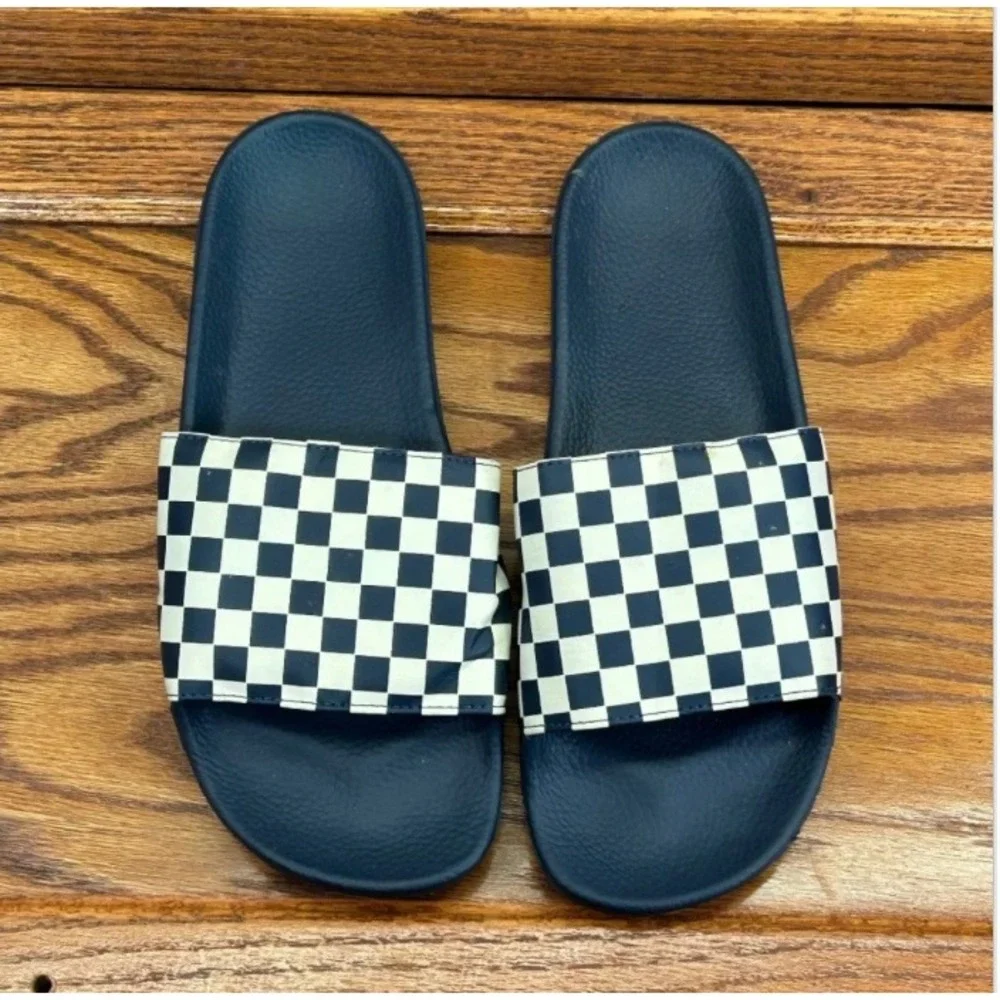 Vans La Costa Slide-On Sandals Navy Blue White Checkerboard Mens Shoes